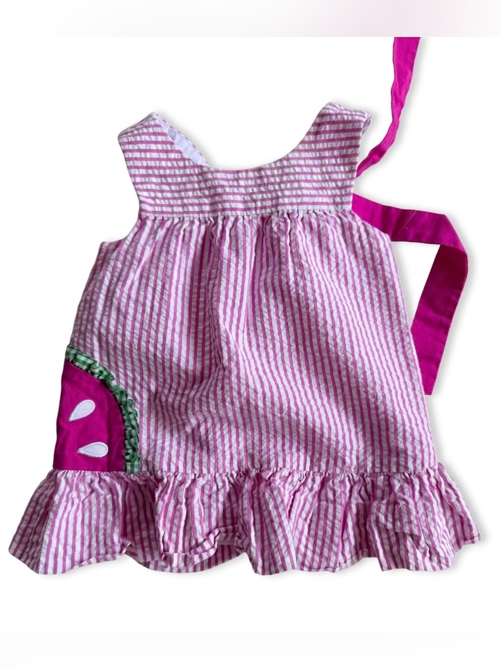 Florence Eiseman Pink Striped Seersucker Watermelon Applique Dress 6M